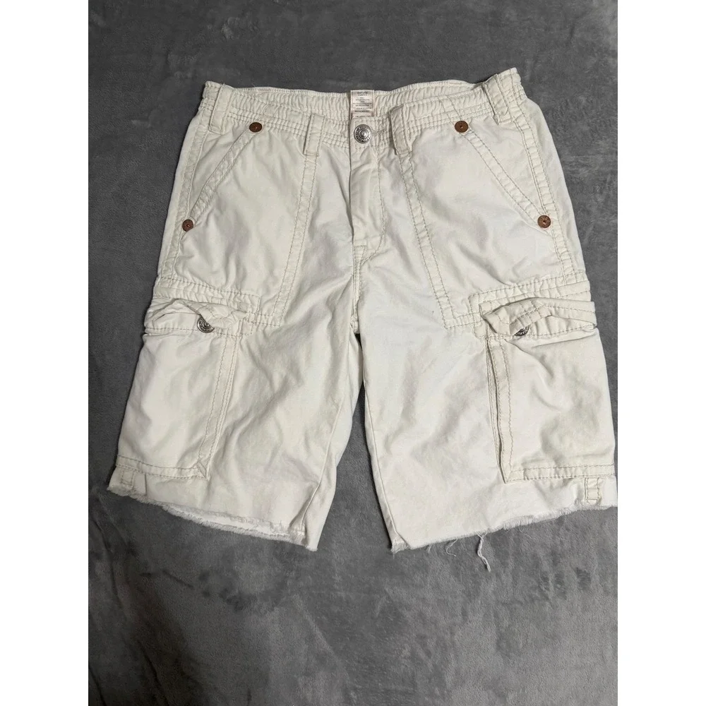 True Religion Cargo Shorts Mens 34 Off White Relaxed Fit Raw Hem Contrast Stitch
